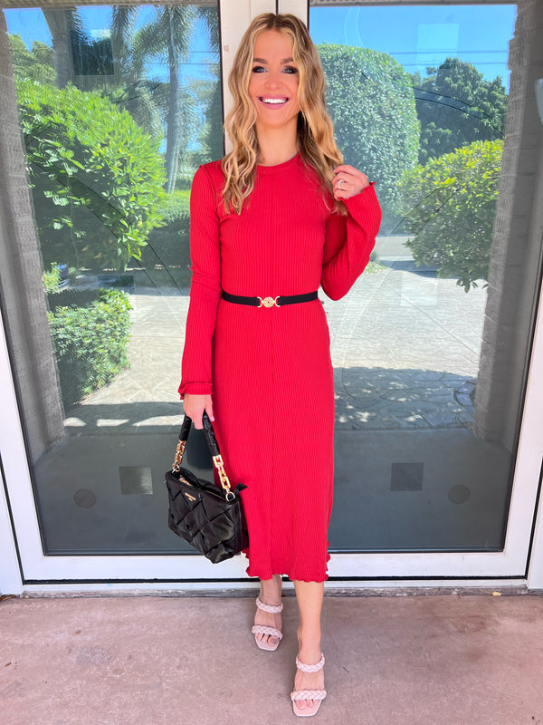 Lady in Red Long Sleeve Midi Dress
