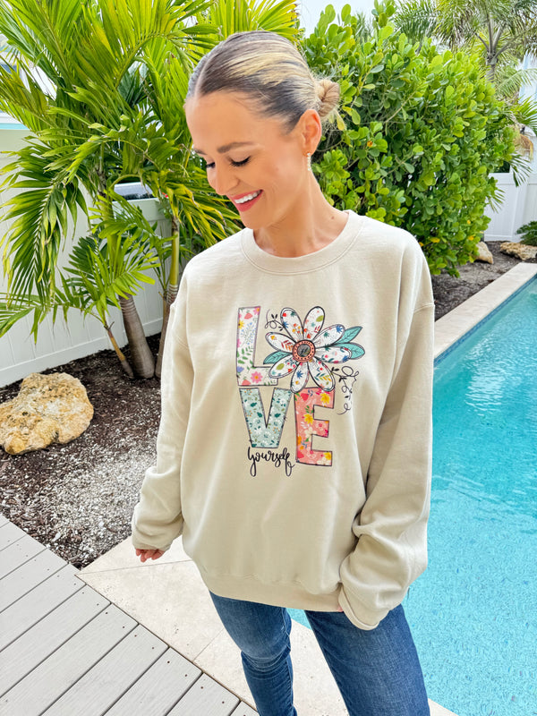 Love Yourself Boho Graphic Pullover in Sand