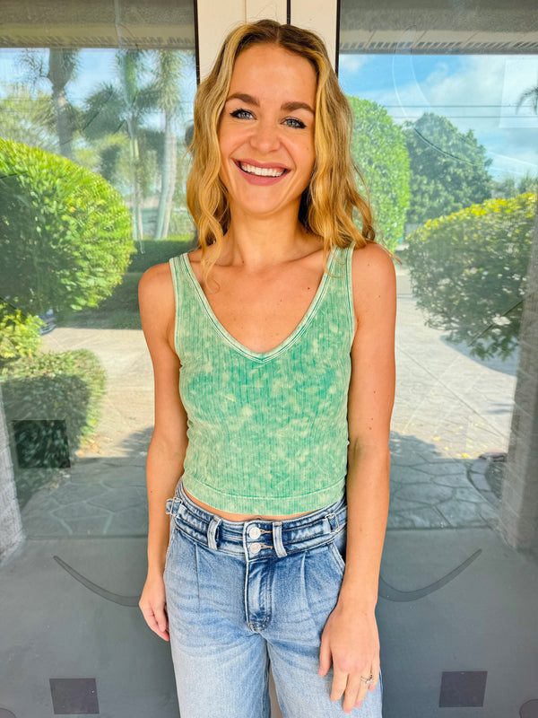 Washed Ribbed Cropped Tank in Green