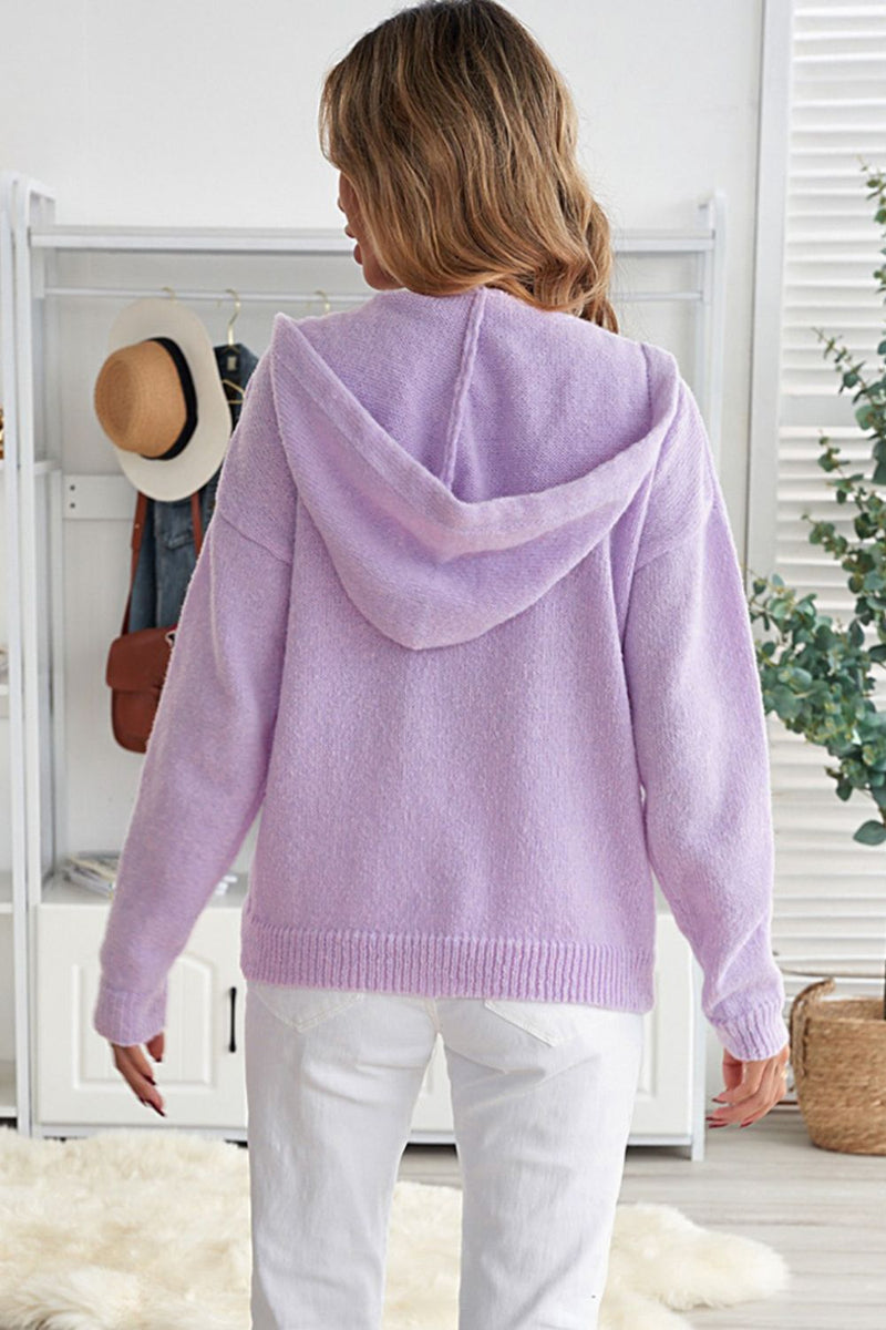 2 Colors | Lace Trim Half-Button Drawstring Knit Hoodie