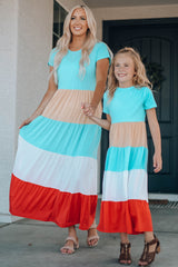 Girls Color Block Round Neck Maxi Dress