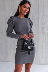 Chic Button-Cuff Puff Sleeve Ribbed Sweater Dress