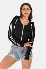 2 Colors | Side Stripe Drawstring Cropped Hooded Jacket