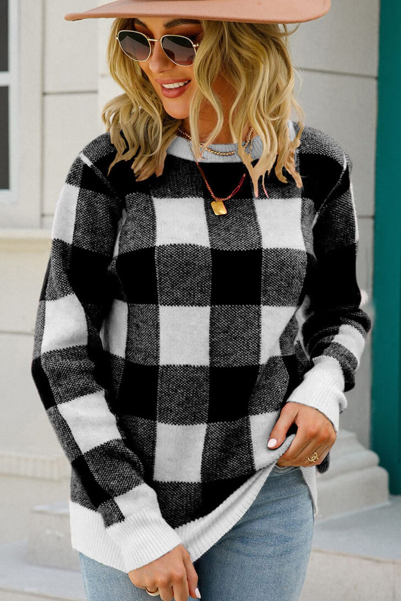 Chelsea Checkered Ribbed Trim Knit Pullover | 3 COLORS