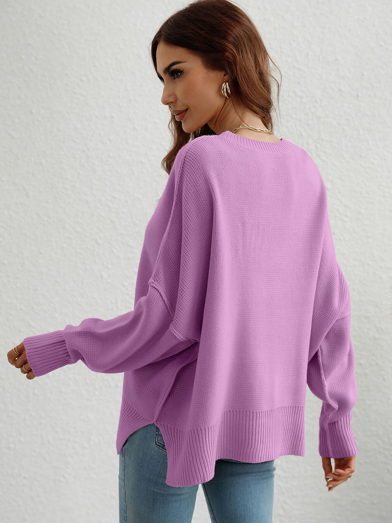 9 Colors | Exposed Seam Dropped Shoulder Slit Sweater