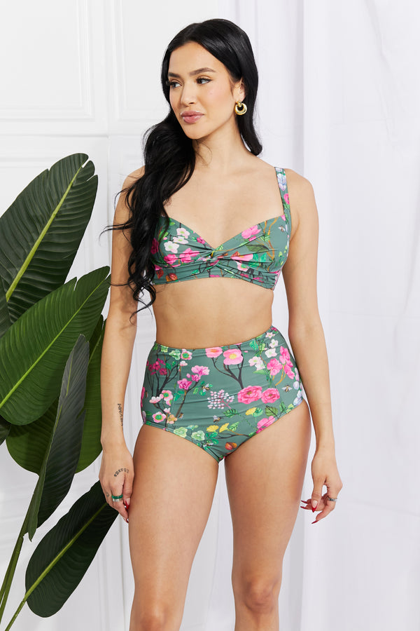 Take A Dip Green Floral Twist High-Rise Bikini Swimsuit