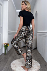 Leopard Accent Cropped T-Shirt and  Pants Lounge Pajama Set