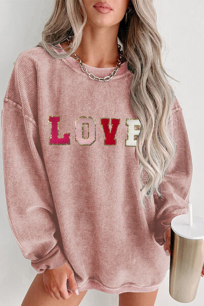 LOVE Chenille Patch Corded Dropped Shoulder Sweatshirt | 2 Colors