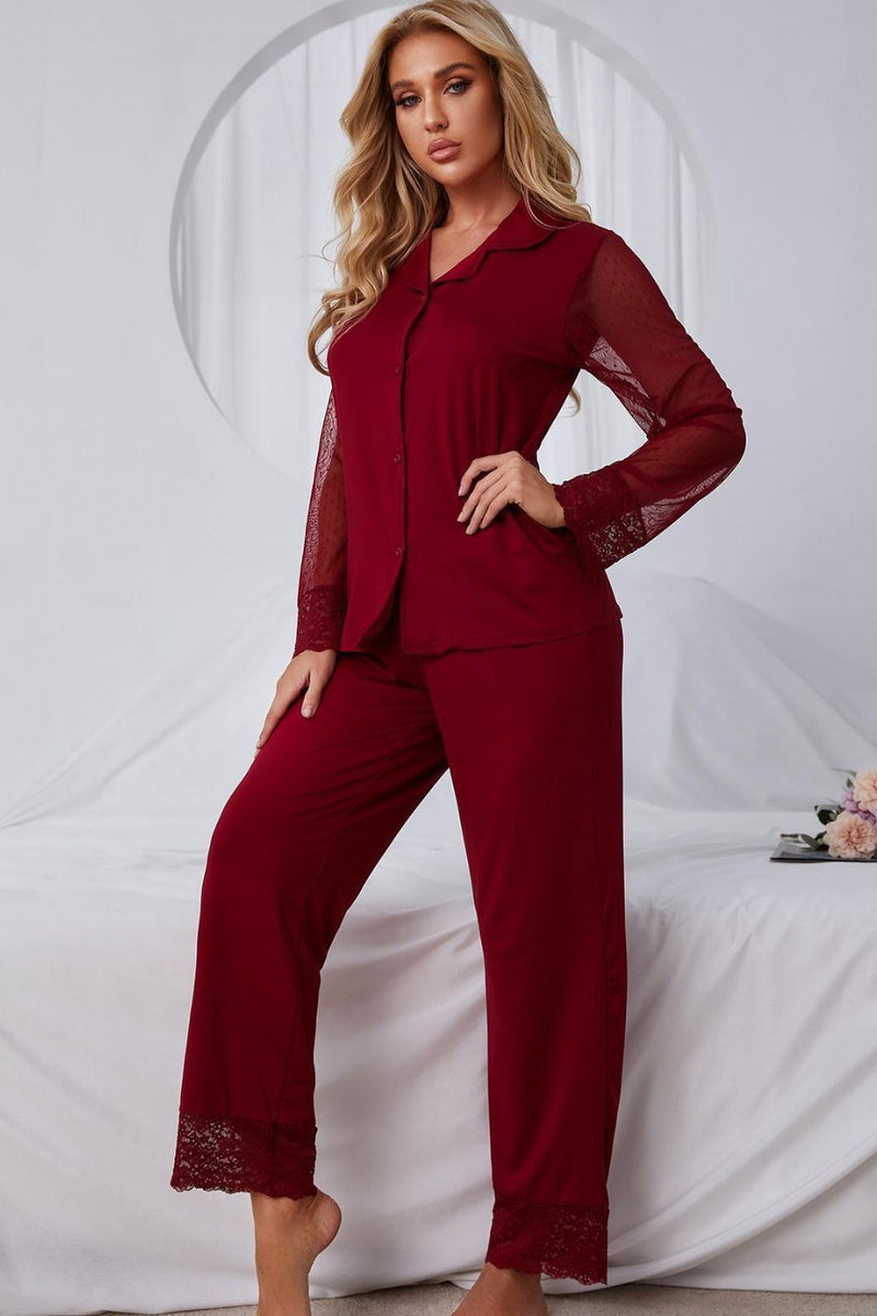 Spliced Lace Lapel Collar Pajama Set | 2 Colors