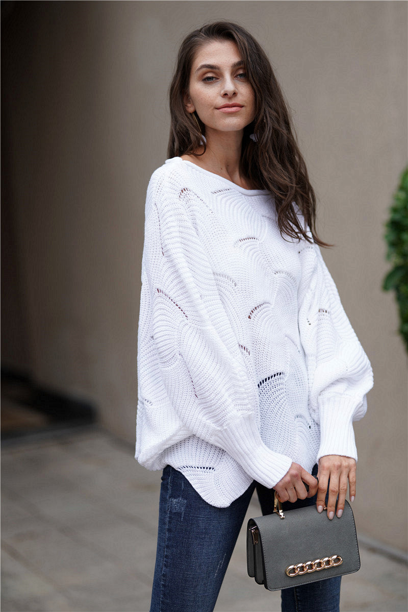 11 Colors | Scalloped Detailing Openwork Boat Neck Sweater
