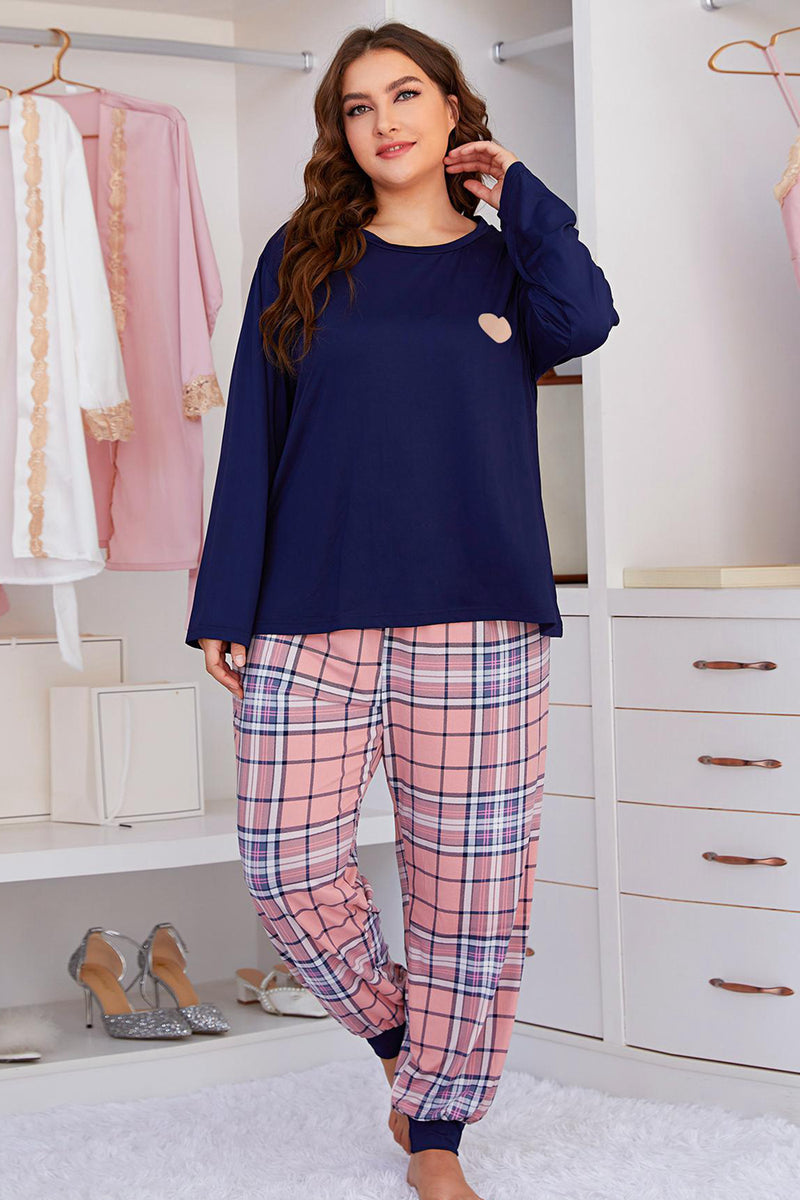 Plus Size Heart Graphic Top and Plaid Joggers Lounge Set | 2 Colors