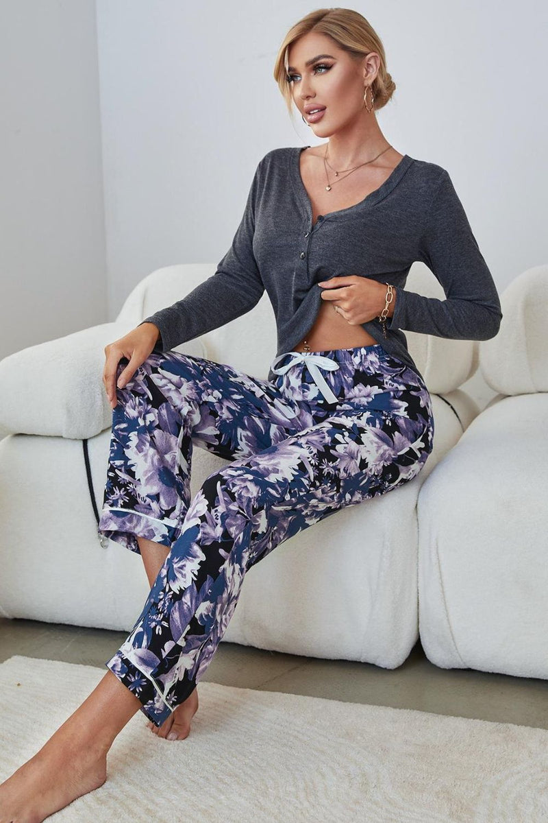 Henley Top and Floral Pants Lounge / Pajama Set