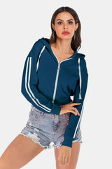 2 Colors | Side Stripe Drawstring Cropped Hooded Jacket