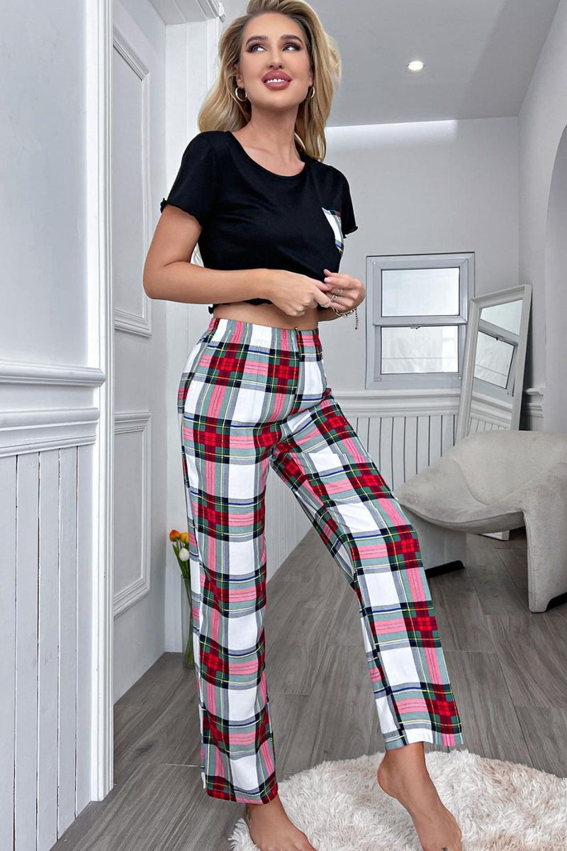 Plaid Pocket Cropped Tee & Pants Lounge Pajama Set