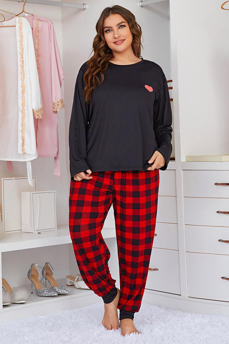 Plus Size Heart Graphic Top and Plaid Joggers Lounge Set | 2 Colors