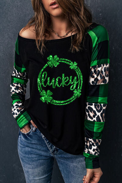 LUCKY Plaid Mixed Clover Graphic Top
