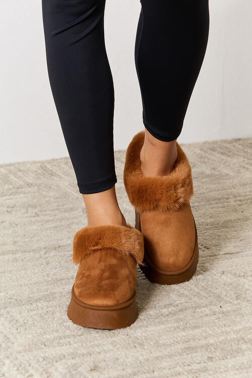 Furry Chunky Platform Ankle Boots in Camel