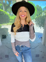 Color Block Spliced Lace Sleeve Ribbed Henley Top | 3 COLORS!