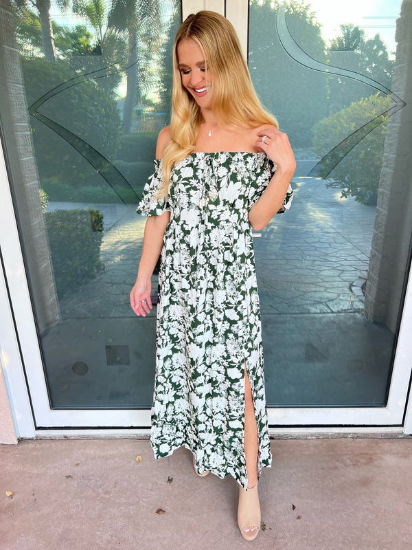 Darla Deep Green Floral Slit Off-Shoulder Midi Dress