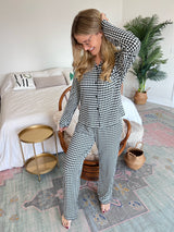 Noir & Blanc Checkered Button Down Top & Pants Pajama Set
