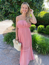 Heimish Rosé Lace Crochet Strapless Maxi Dress