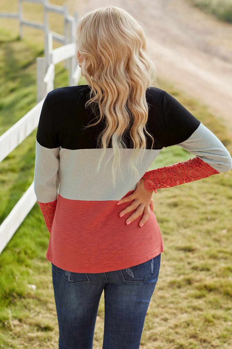 Color Block Spliced Lace Sleeve Ribbed Henley Top | 3 COLORS!