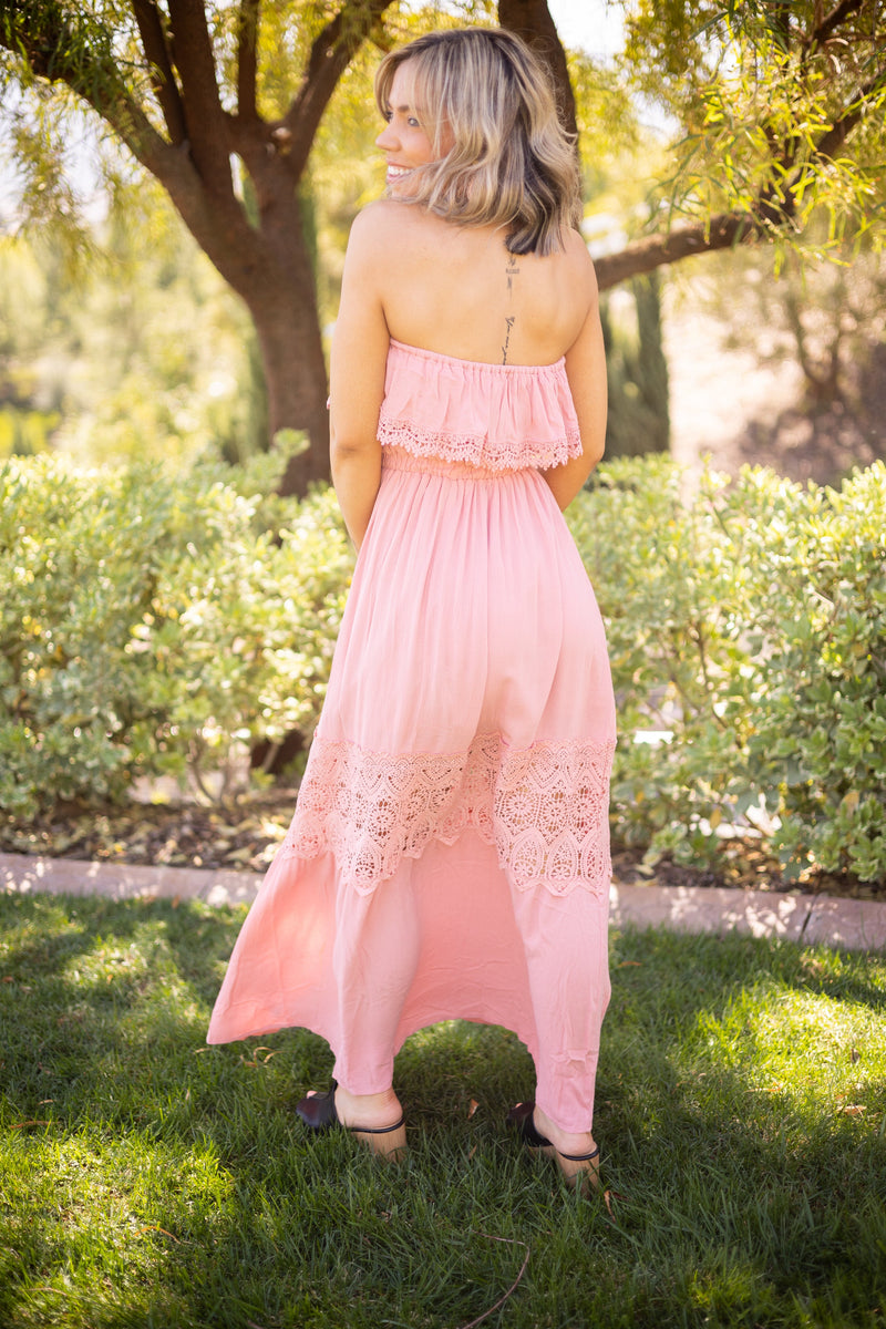 Heimish Rosé Lace Crochet Strapless Maxi Dress