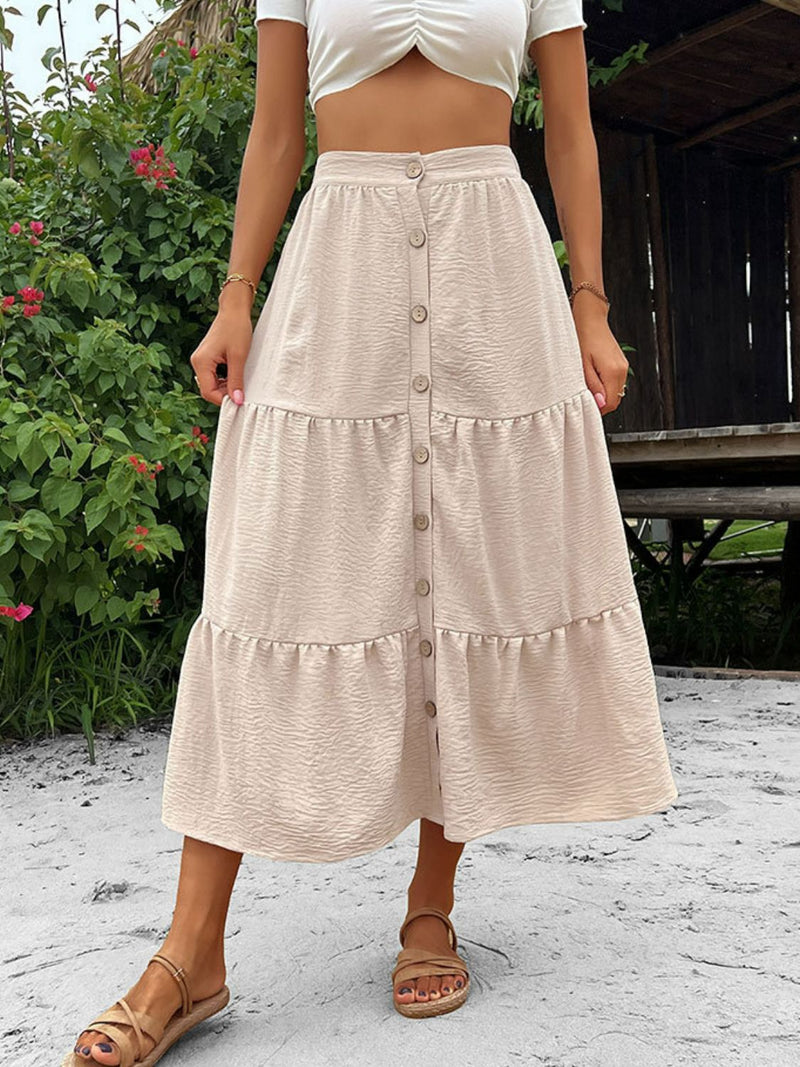 Brynlee Beige Button Down Tiered Midi Skirt