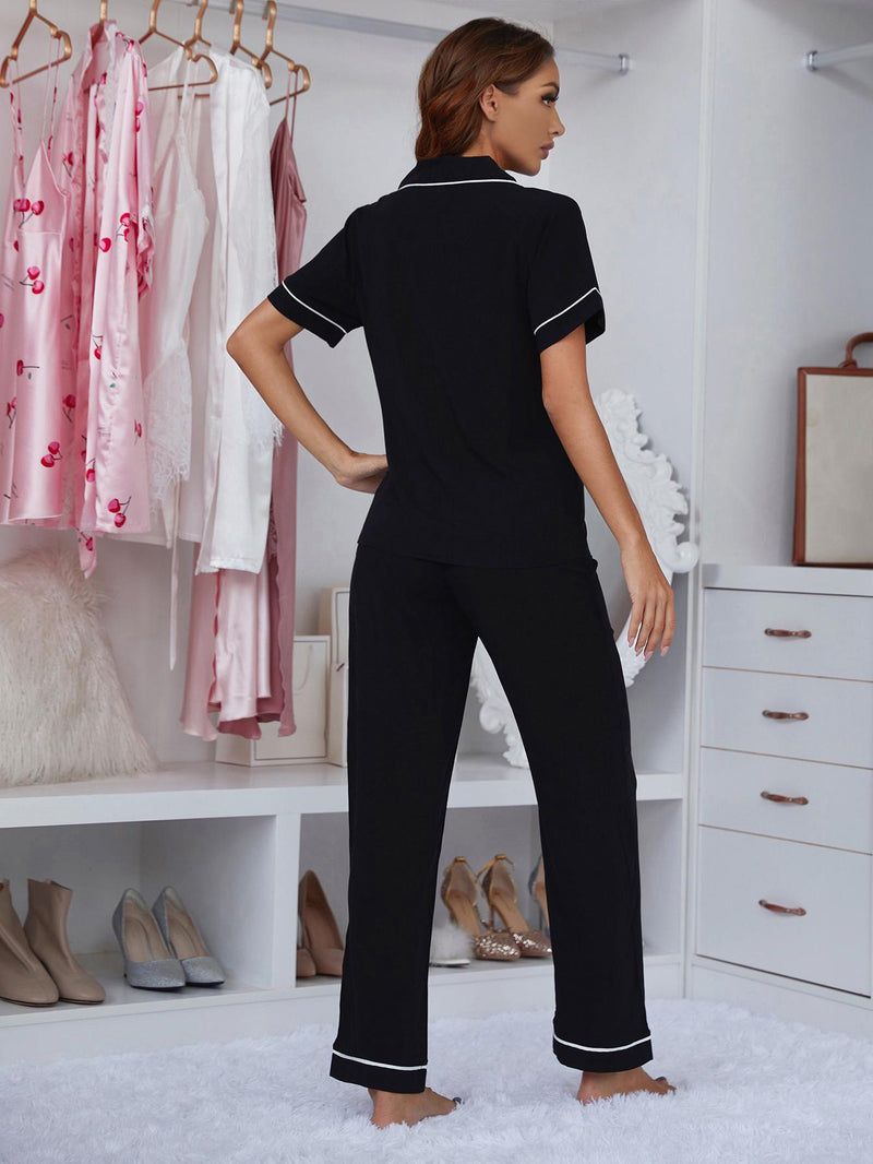 Contrast Piping Lapel Button Top and Pants Pajama Set