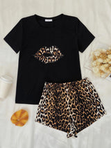 Kiss of Leopard Graphic Top and Shorts Lounge / Pajama Set