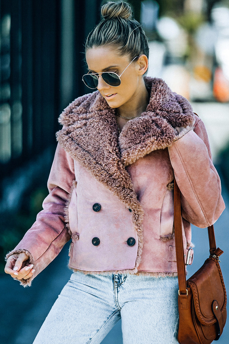 Rosé Plush Lining Suede Double-Breasted Jacket