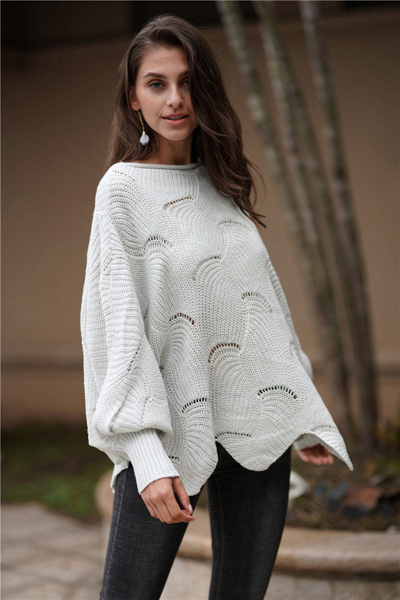 11 Colors | Scalloped Detailing Openwork Boat Neck Sweater