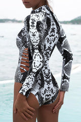 Zipper Strappy Side Cutout Long Sleeve Swimsuit *PRE-ORDER* - Black Feather